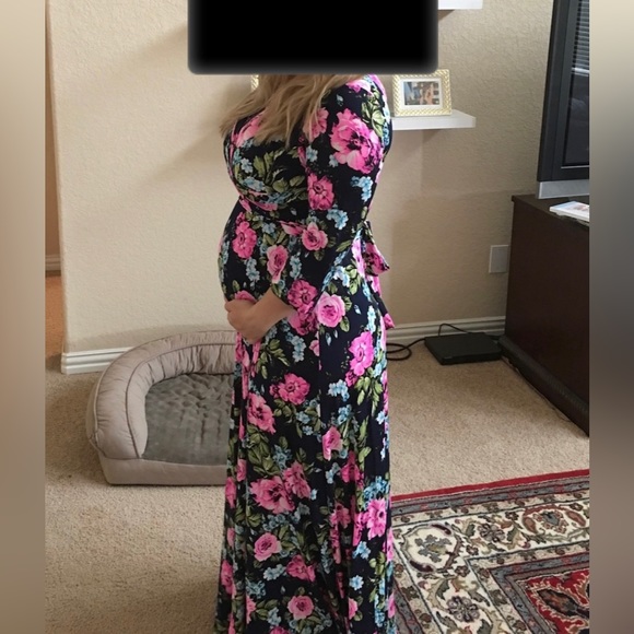 Pinkblush || Maternity Pink Navy and Blue Floral Maxi Dress with Tie - Picture 6 of 6